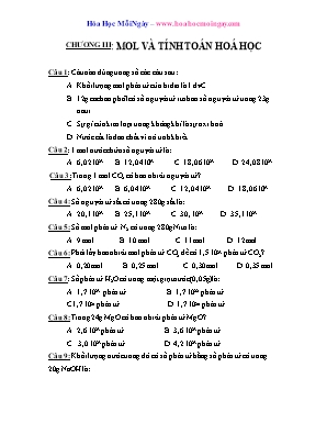 Trắc nghiệm chọn lọc Hóa học Lớp 8 - Chương III Mol và tính toán hoá học
